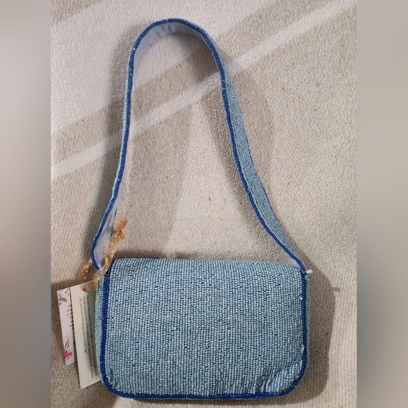 NWT Handcrafted In India Light Blue Sardine Pattern Shoulder Purse w/ Navy Trim - Picture 4 of 6